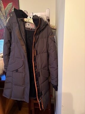 Long Quilted Women's Puffer Coat in Gray with Orange Trim